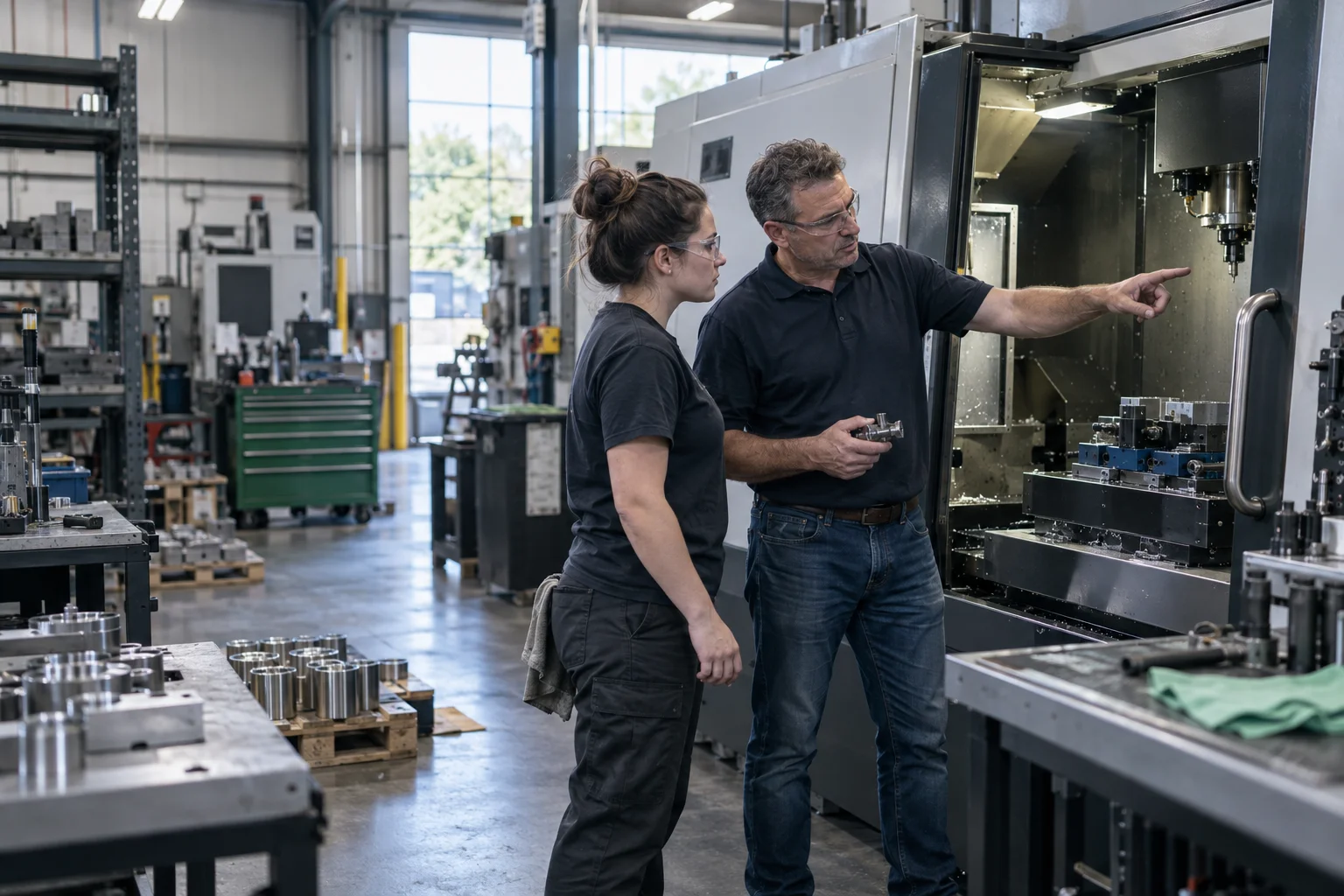 Generated illustration of a manager and an operator discussing an industrial machine.