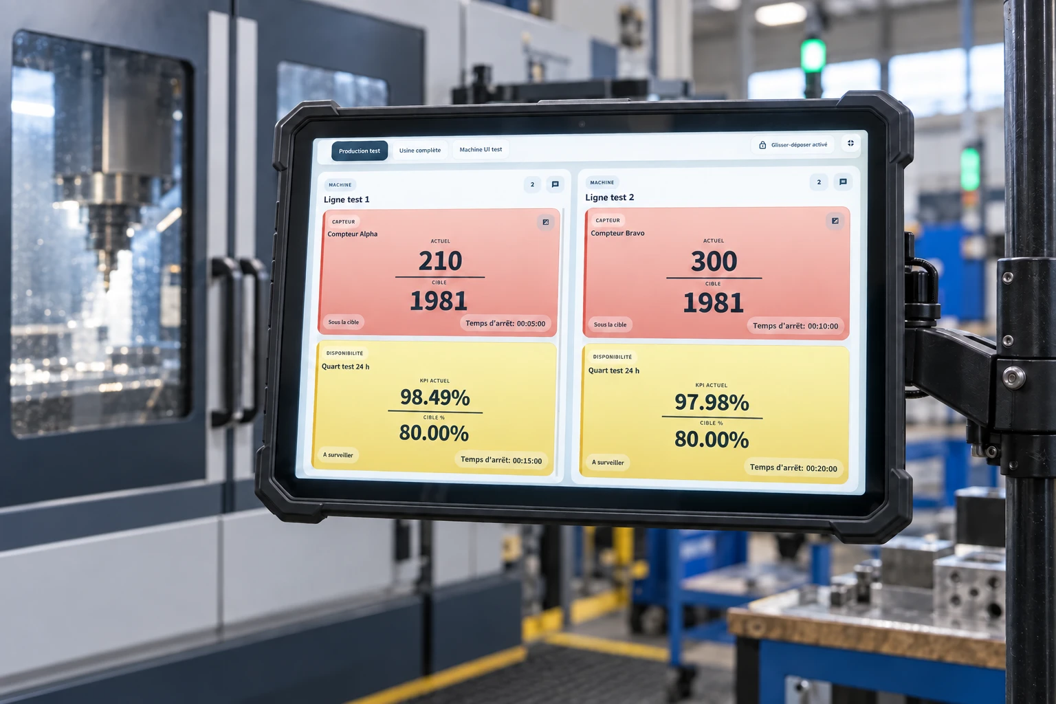Tablet mounted beside an industrial machine showing Flowlium indicators.